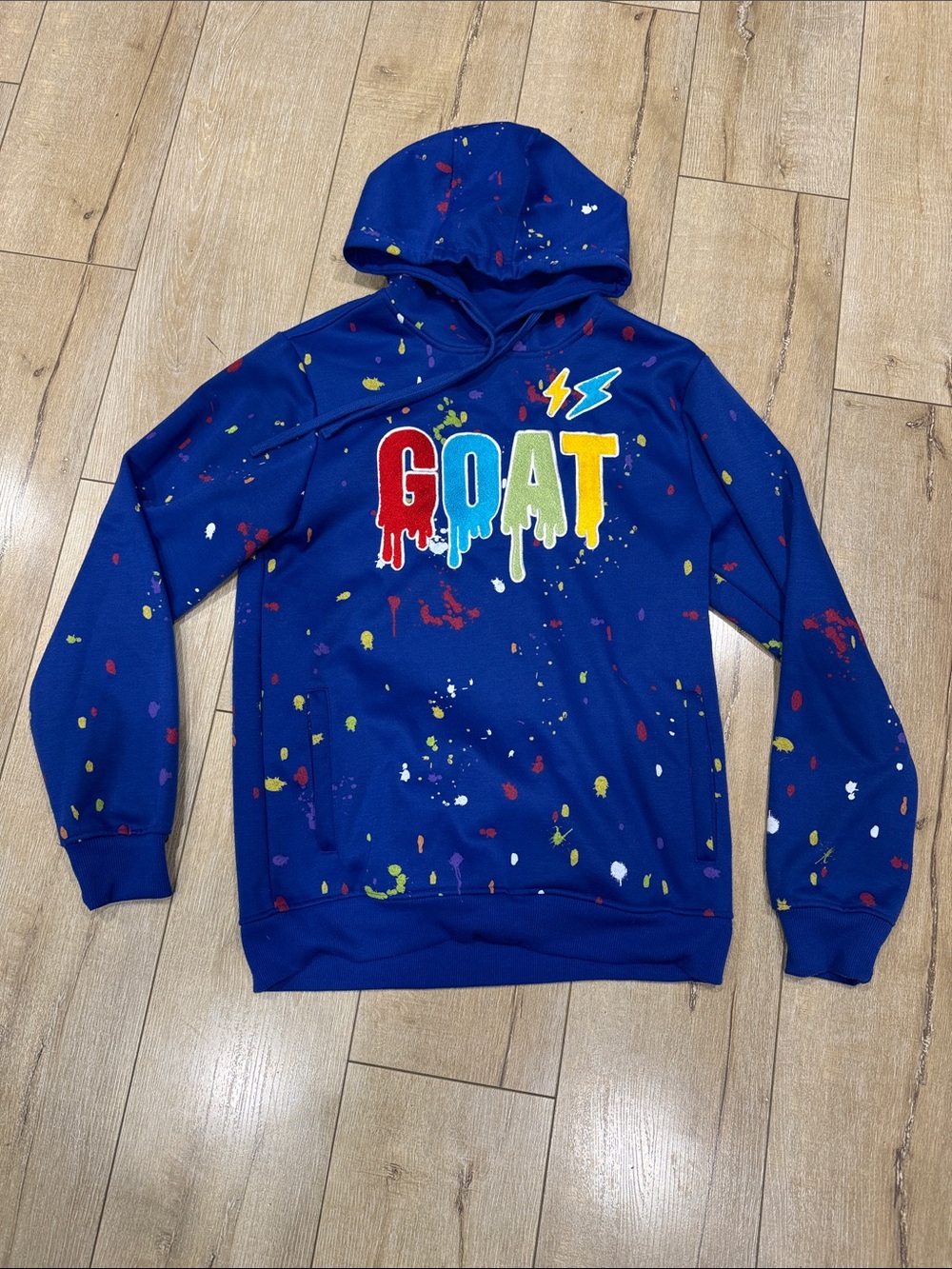 Rebel Minds GOAT Paint Splatter Hoodie Blue Graphic Y2K Streetwear Pullover